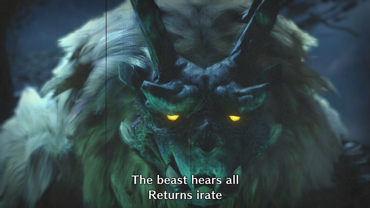 Goss Harag intro, captioned: The beast hears all/ Returns irate.