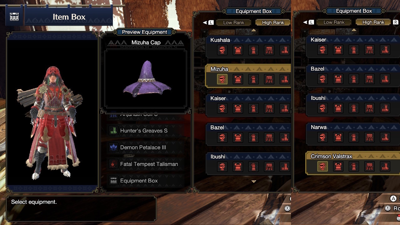 Armor closet filled with every Elder Dragon set, as well as Bazelgeuse
