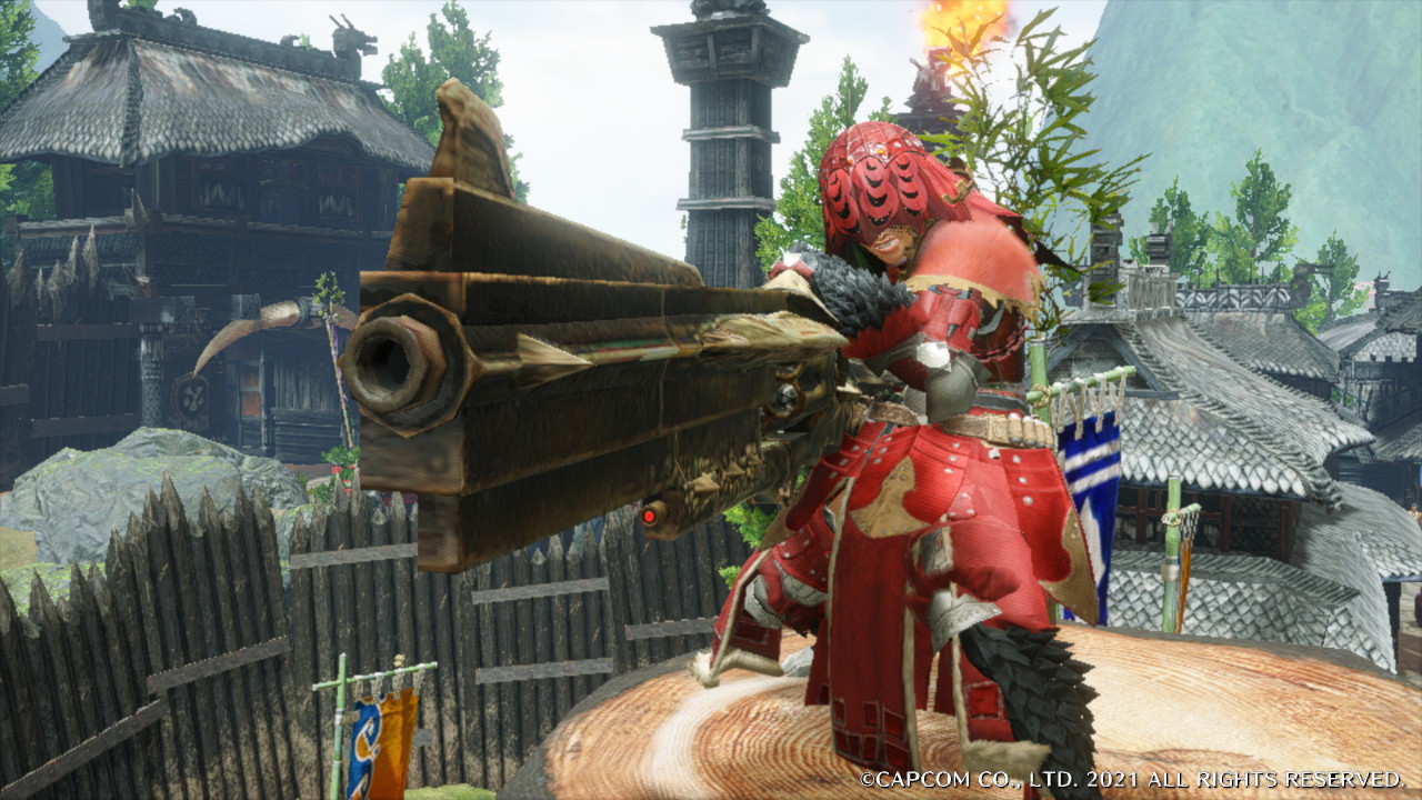 Sister of the Hunt armor with Bee posing intimidatingly with a large gun: the Daora Grande