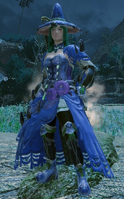 Witch styled armor colored purple. Mizuha cap, Rakna-Kadaki Chest and waist, Jelly arms and legs.